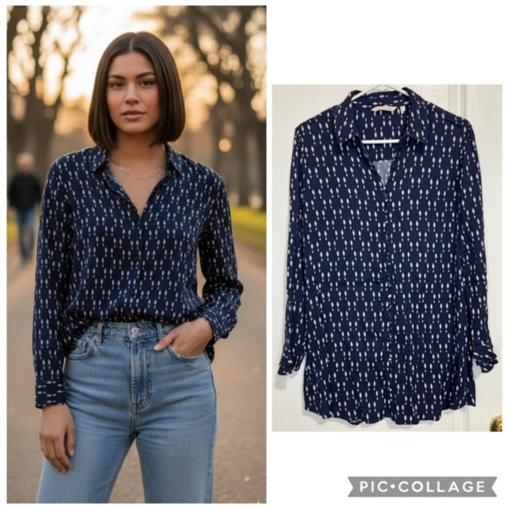 Soft Surroundings Navy With Tan Diamond Design Button Down Tunic Top size S